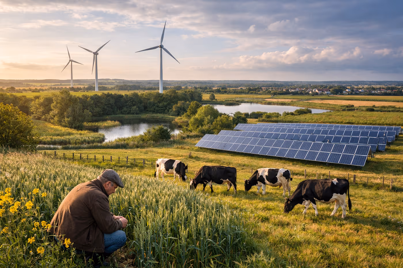 Farmer inspecting crops in a field with grazing cows, solar panels, wind turbines, and a pond in the background at sunset.